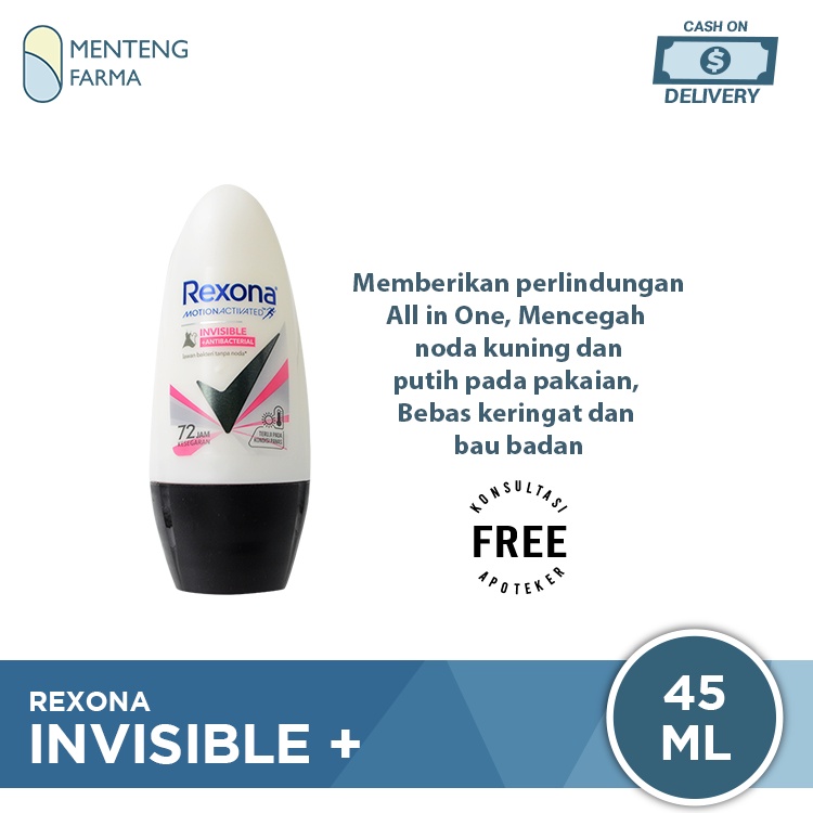 Rexona Anti-Perspirant Deodorant Roll On Invisible + Antibacterial 45 ML - Anti Noda Pada Pakaian