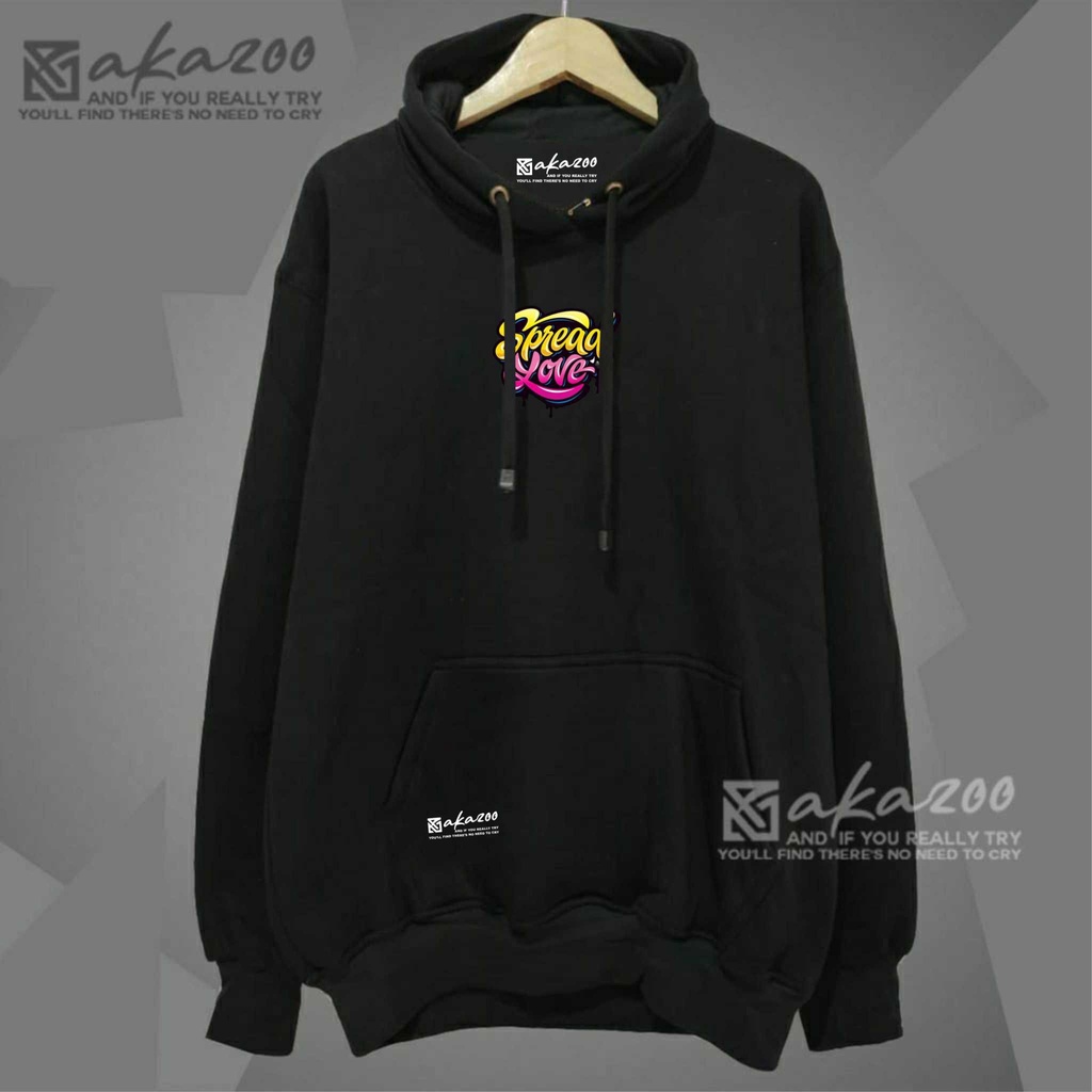 hoodie cowok distro premium sablon graffity Warna hitam merek akazoo spreaa love sablon putih Motif polos dan prins dan huruf gaya atletis korean street style Bahan katun jenis Lengan lengan Panjang Musim Dingin hodi cowok distro tulisan keren unisex