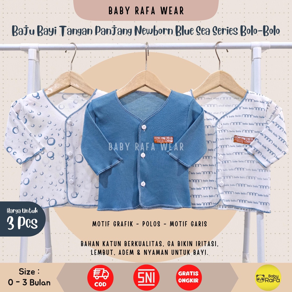 Serian Biru - 3 pcs Baju Bayi Tangan Panjang Bayi Baru Lahir 0 sd 3 Bulan Blue Sea Series merk SNI Bolo - Bolo