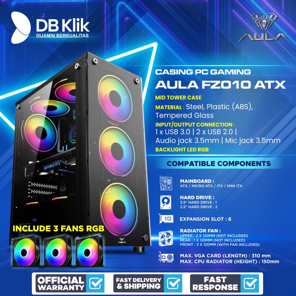 Casing PC Gaming AULA FZ010 ATX include 3 Fan RGB - Casing AULA FZ 010