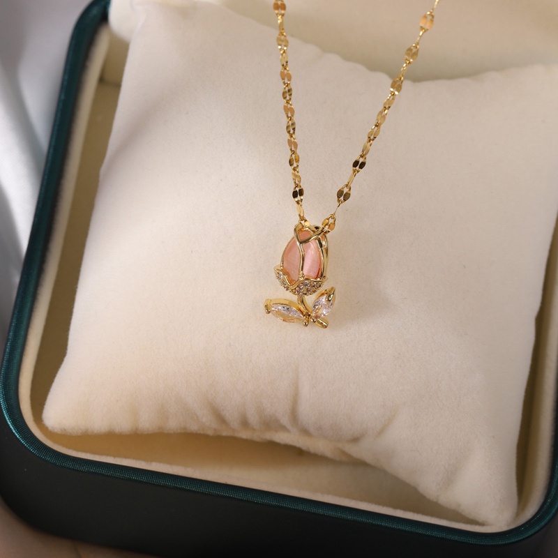 Fancyqube Kalung Opal Zircon Bentuk Tulip Gaya Korea Untuk Wanita