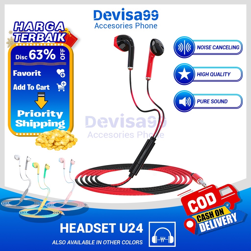 Headset U24 Handsfree Extra Bass Earphone U 24 Hifi Stereo Extra Bass 14.2mm With Mic Headset u24 two colors 2 warna