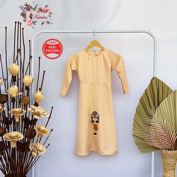 Kids Gamis Anak Usia 3-5 Tahun LOL LED Bahan Balotelli Setelan Gamis Syari Bergo Pita Anak Perempuan Cantik Warna Cream