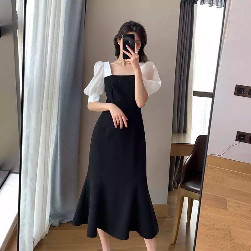 Basic id fashion Dres wanita  lengan pendek kombinasi / Gaun wanita elegant / Dres wanita pesta korean