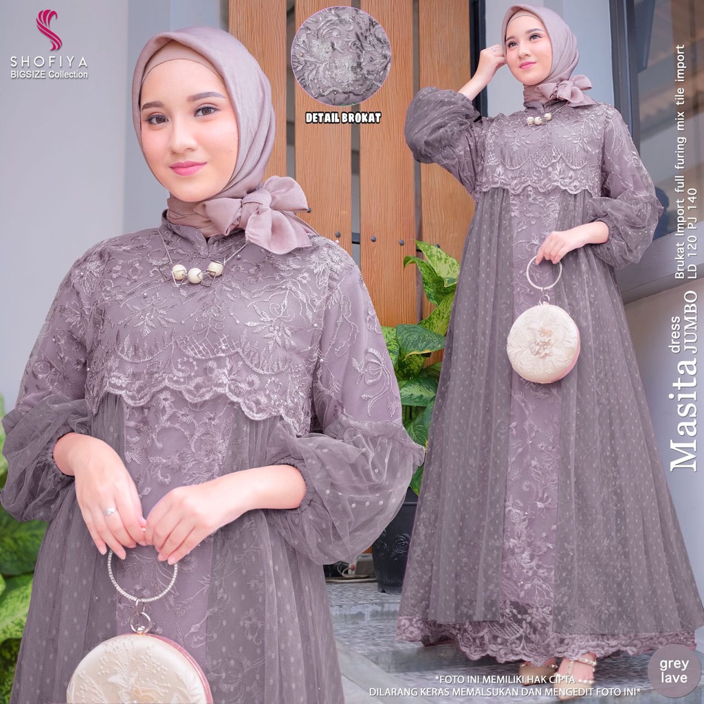 [COD] Baju Dress Kondangan / Masita Jumbo Dress Jumbo LD 120 PJ 140 Bahan Brukat Full Furing