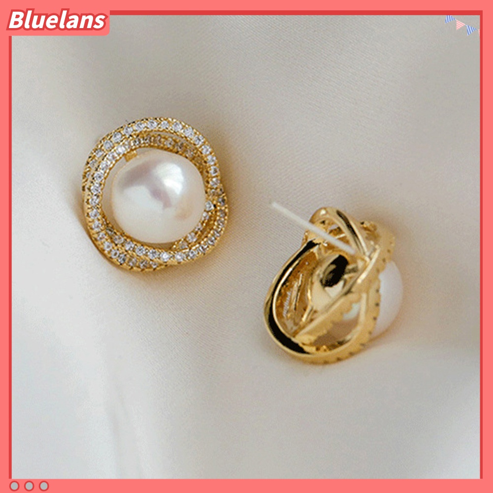 Anting Stud Silver Plated Bentuk Bulat Aksen Mutiara Tiruan Untuk Wanita