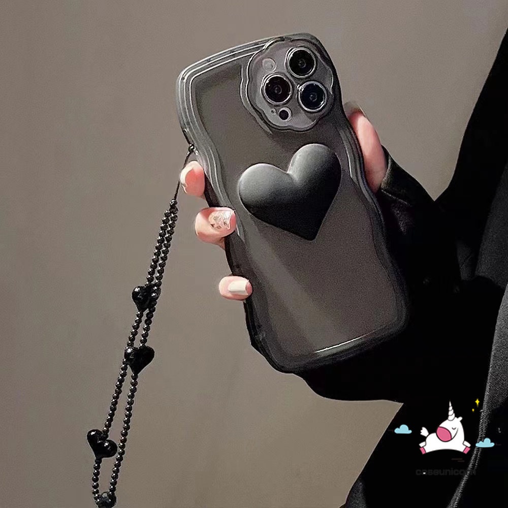 Soft Case TPU Motif Hati 3D Warna Hitam Dengan Gelang Untuk IPhone 11 12 13 14 Pro MAX 14 6 6s 7 8 Plus XR X XS MAX