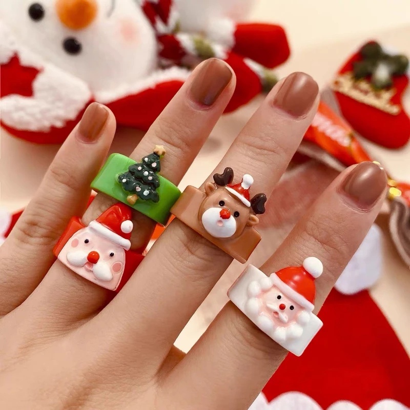 Cincin Desain Kartun Hewan Rusa Santa Claus Pohon Natal Bahan Resin Akrilik Untuk Wanita