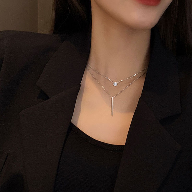 Kalung Rantai Klavikula Model Lapis Ganda Aksen Berlian Gaya Harajuku Untuk Wanita