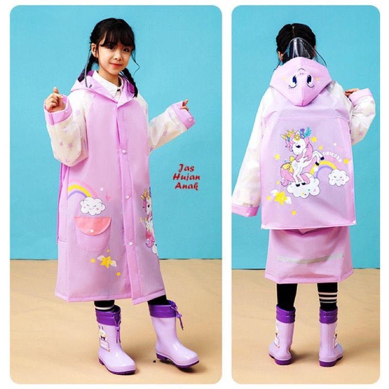 JAS HUJAN ANAK PEREMPUAN KOREA MANTEL MOTOR CEWEK RAINCOAT KIDS MOTIF UNGU UNICORN USIA 3-12 TAHUN WD2S