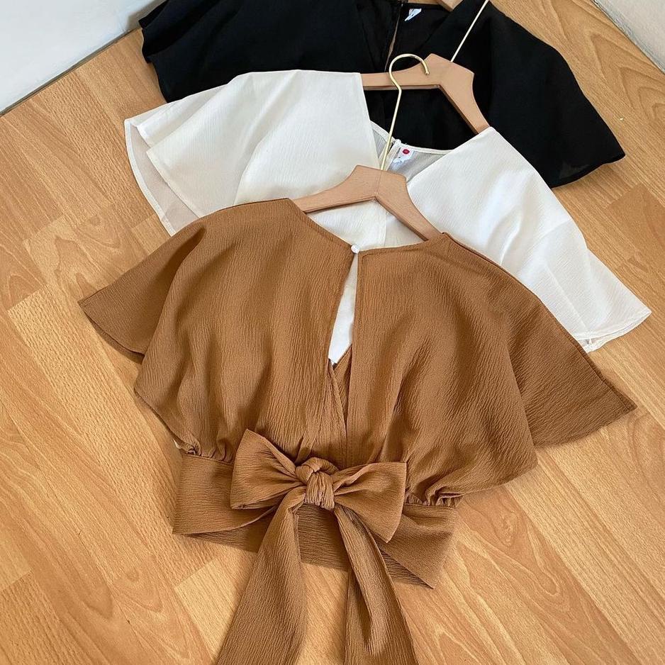 Terbaru Vallina Outfit - Femei Outer Blouse Slit Back Self Tie Wrap Crop Top Atasan Wanita Korean St