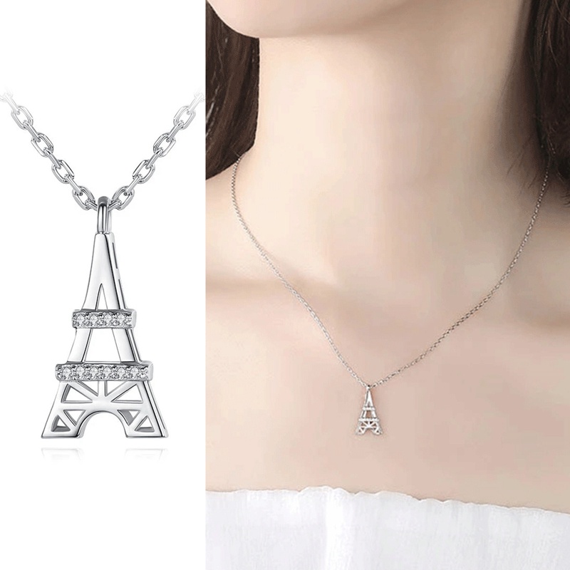 Fancyqube Kalung Rantai Dengan Liontin Bentuk Menara Eiffel Aksen Batu Kristal Warna Silver Untuk Wanita