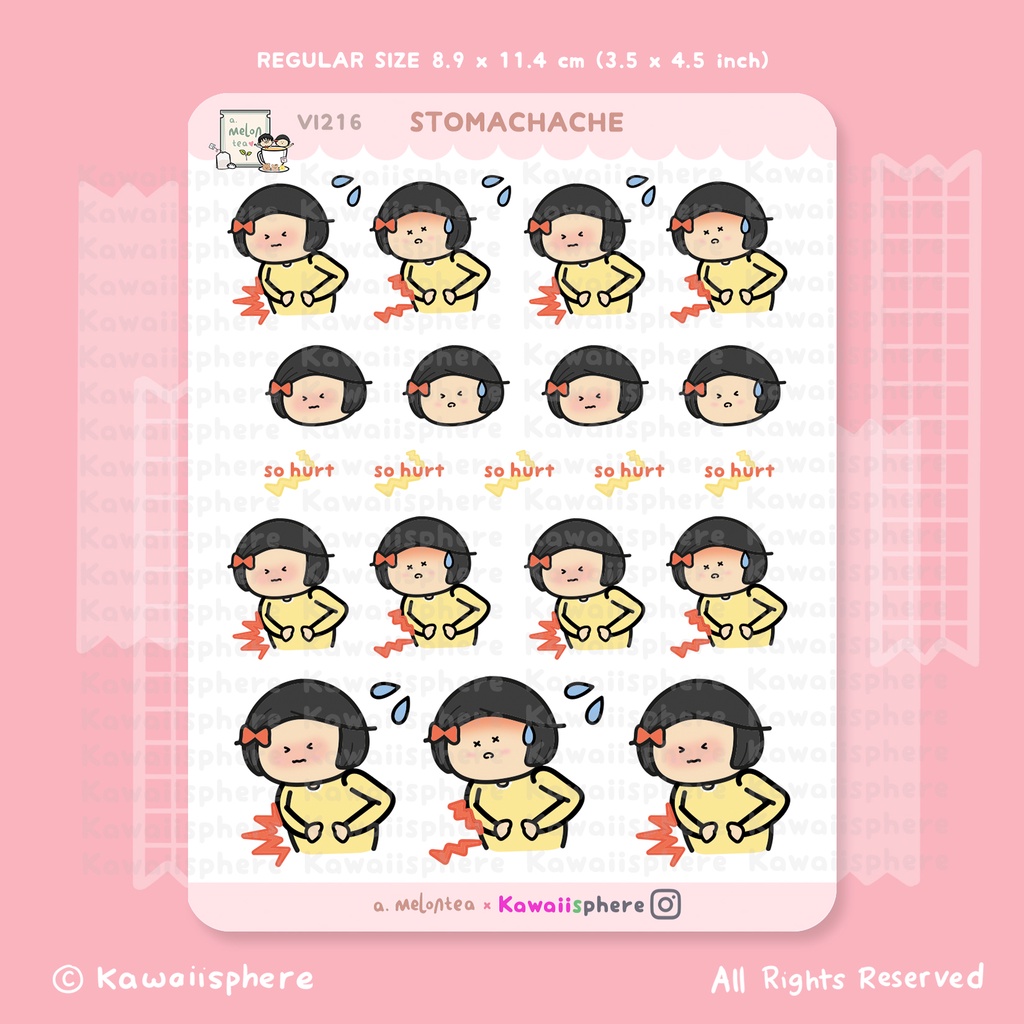 

Stomachache | VI216 a.melontea x Kawaiisphere Sticker | Stiker Sakit Perut untuk Jurnal / Ring binder 6-hole Planner