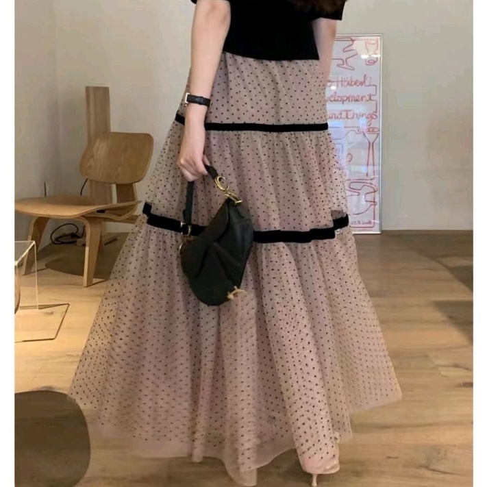 9611 Rok TULLE TIERED TUTU long panjang Maxi skirt hitam mocca Korean style wanita import rok Tulle 