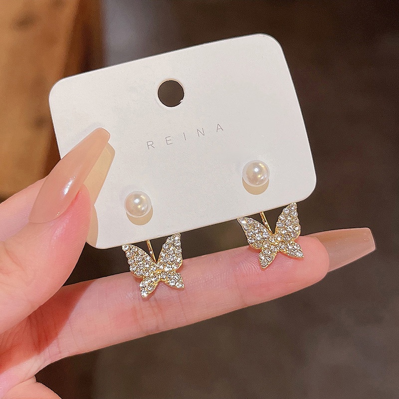 Anting Stud 925 silver needle Bentuk Kupu-Kupu Aksen Mutiara