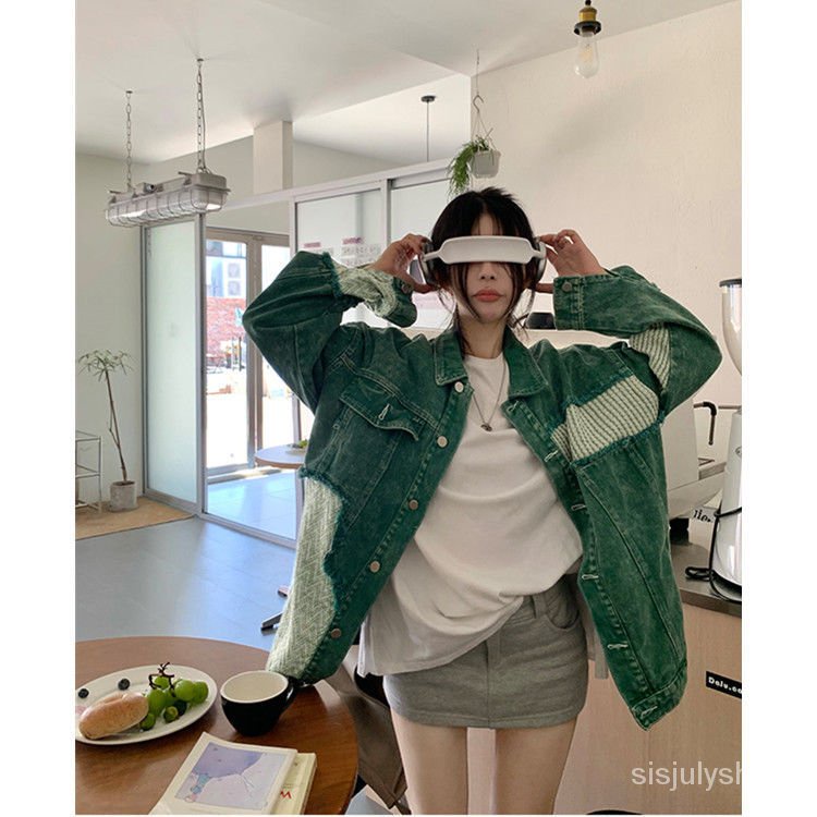 #Sisjuly# Jaket denim tambal sulam hijau vintage wanita jaket longgar baru wanita atasan