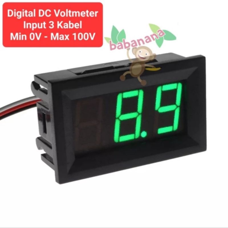 Voltmeter DC 0V - 100V 3 kabel dengan frame volt meter hijau