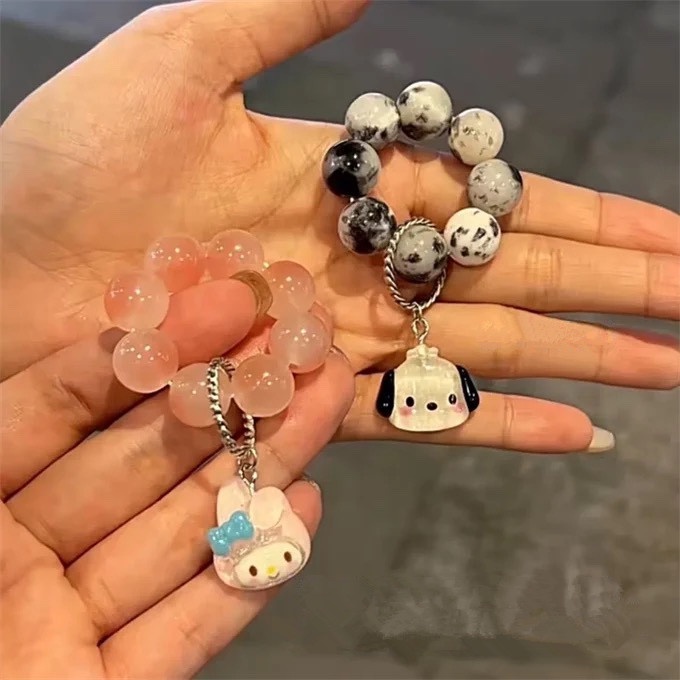 Papaozhu Indah Melody Kuromi Cinnamoroll Jari Rosario Cincin Kartun Ujung Jari Berputar Manik-Manik Purin Pochacco Pesona Batu Alam Tasbih Santai Jari Mainan Perhiasan
