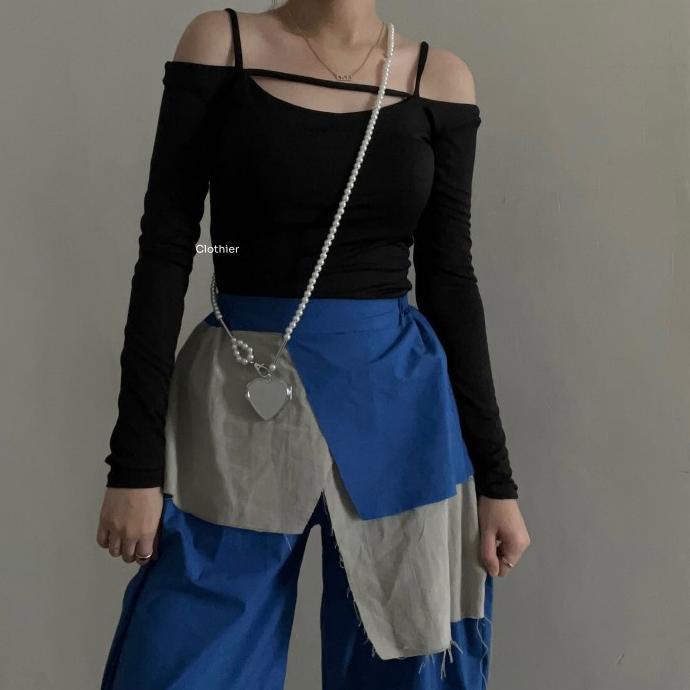 HARGA TERBAIK CLOTHIER - Milan Cut Out Top | Off Shoulder String Top Black Cream Kha