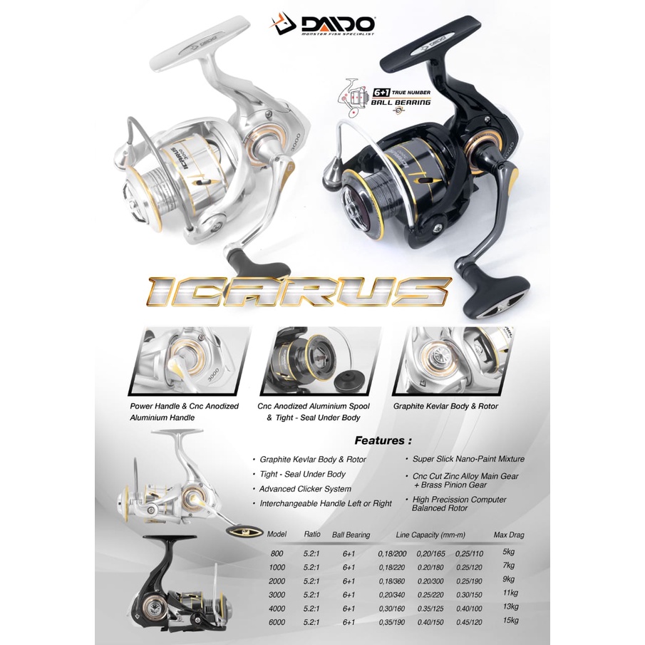 Reel Pancing Daido Icarus Spin 800 - 6000 (6+1 Bearing) Power Handle Full Seal Bearing -  Engkus Fishing