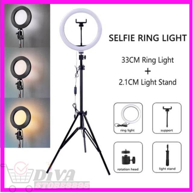 Paket Ringlight 33CM + Tripod Multi 2.1m Ringlight Led Lampu Make Up Vlog Lampu Live Ring Light DIVA STORE