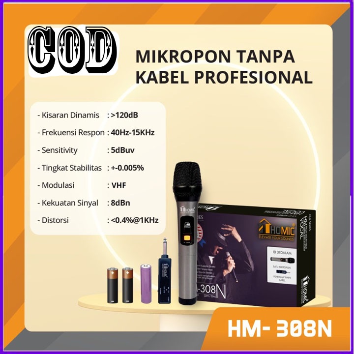 Homic Mic HM-308N Wireless Profesional Microphone Tanpa Kabel Murah BERGARANSI RESMI