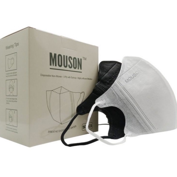 Masker Mouson Duckbill Garis 4 PLY isi 50 pcs Impor Disposable Mask Dewasa Hitam / Putih