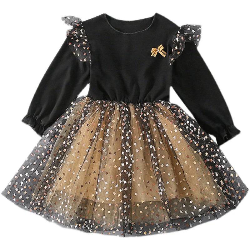 Dress Anak Prinicess Lengen Panjang Hitam Motif Star