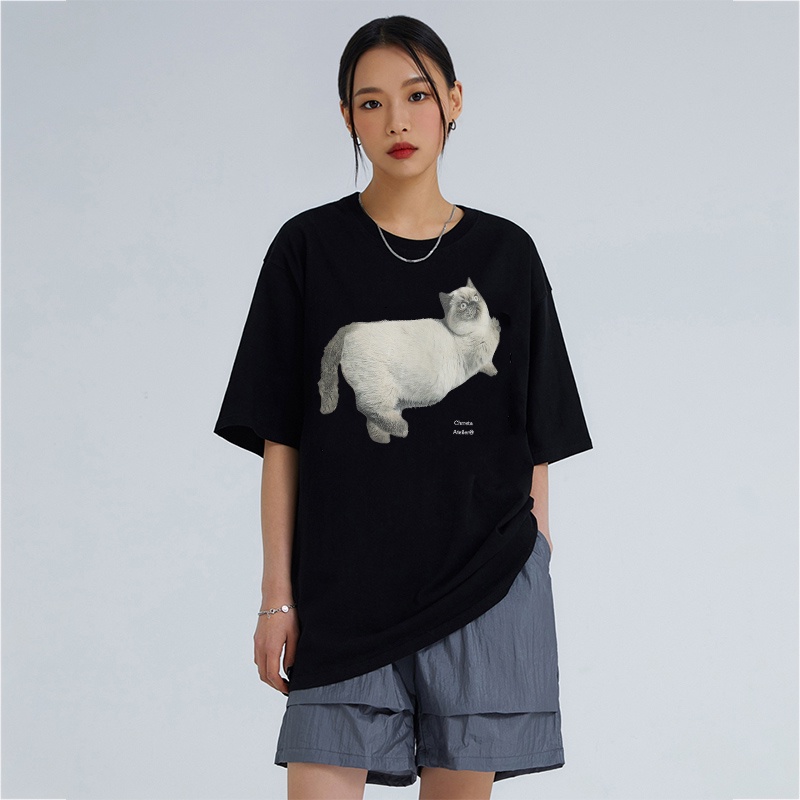 EUNII T-shirt Lengan Pendek Imut Kucing Pencetakan Longgar Korean Style/Kaos Atasan Wanita/Baju Kaus Oversize Wanita