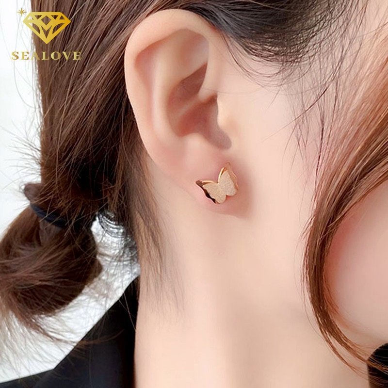 SEALOVE Anting Kupukupu Korea Titanium Panjang Anti Karat Lapis Emas 18K Aksesoris Wanita Anting Rumbai Perhiasan