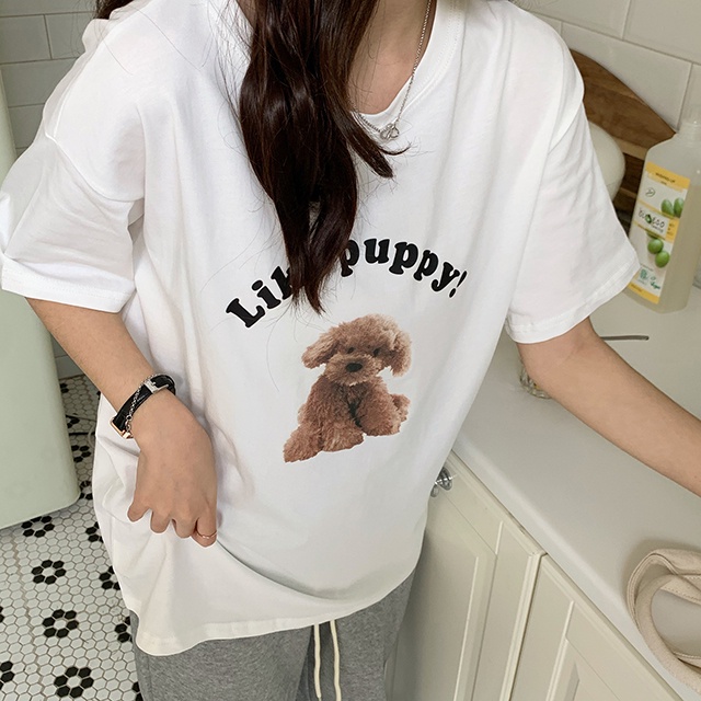 EUNII T-shirt Lengan Pendek Kartun Mewah Anjing Pencetakan Longgar Korean Style/Kaos Atasan Wanita/Baju Kaus Oversize Wanita