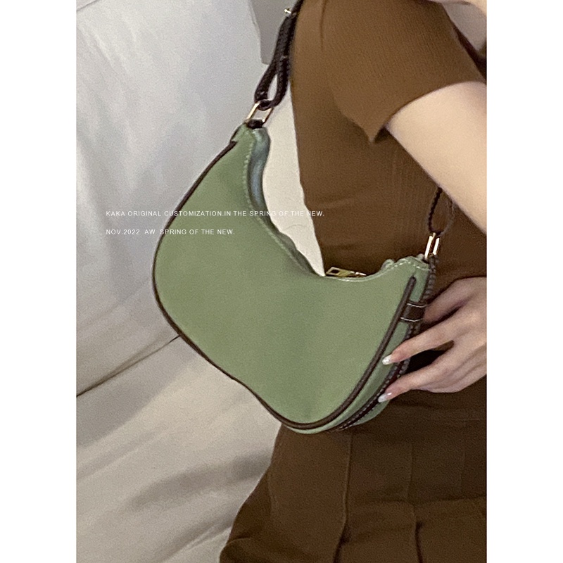 Suhao Scrub Hijau Tas Ketiak Wanita 2022 Baru Trendi Retro Portabel Sabit Tas Niche Tas Bahu Tekstur