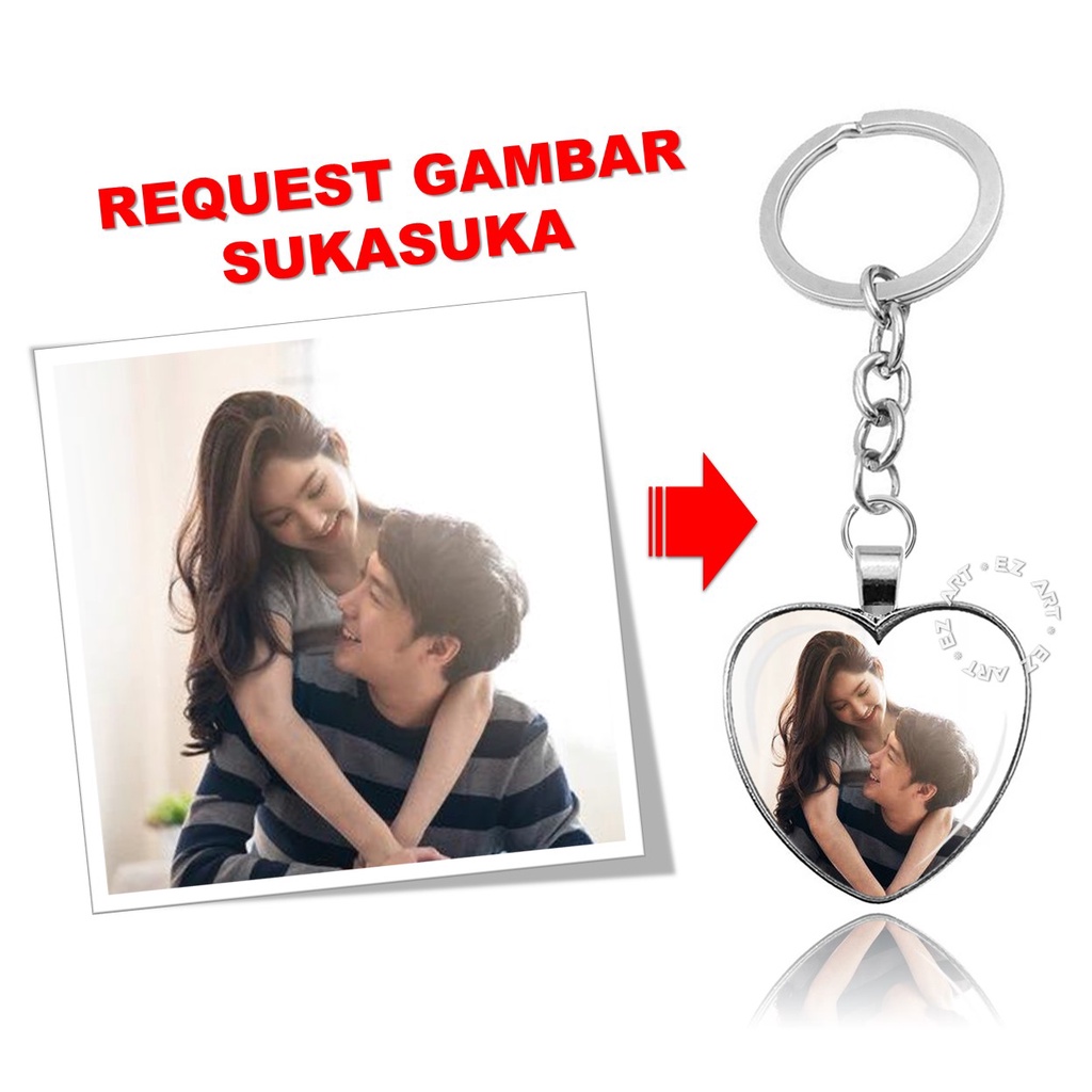GANTUNGAN KUNCI BENTUK HATI HEART LOVE GANCI CUSTOM FOTO LOGO GAMBAR SUKASUKA LIONTIN KACA CEMBUNG