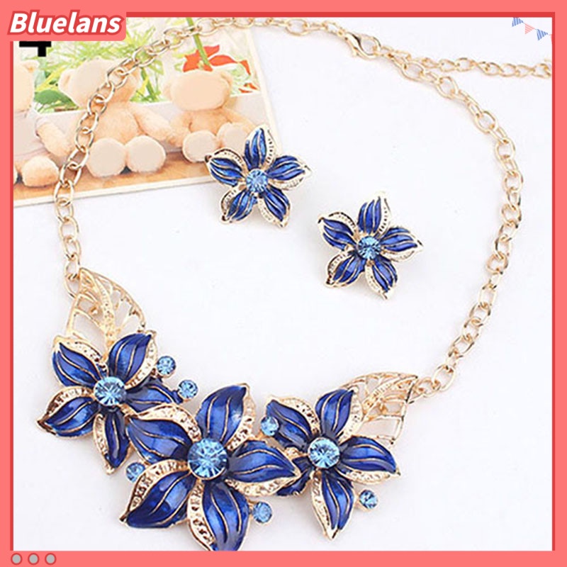 Bluelans Fashion Women Rhinestone Flower Statement Pendant Necklace Earrings Jewelry Set