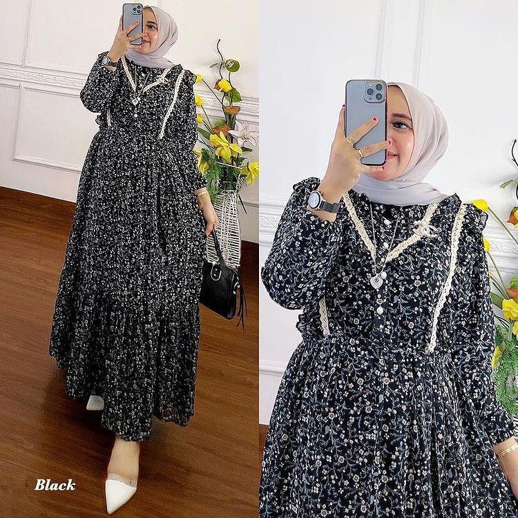 Gamis Wanita Terbaru New Tiara Dress Bahan ceruty babydoll motif bunga ( busui friendly ) Baju muslim wanita modern Gamis ceruty terbaru 2023 kekinian Dress wanita kancing hidup Maxy dress mayung warna hitam