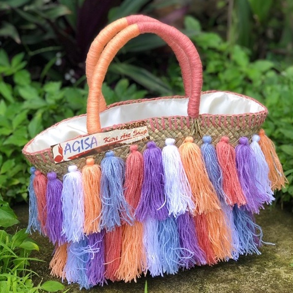 Tas bangkok/tas anyaman hias/tas anyaman bali/oleh oleh bali/tas rotan/tas pompom/tas rajut/tas