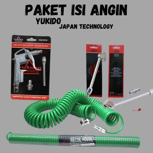 HEMAT GAN !! YUKIDO Set Air chuck Pengisi Angin Ban Plus Selang Angin Spiral/Recoil Hose Spiral air chuck air duster paket tambal ban