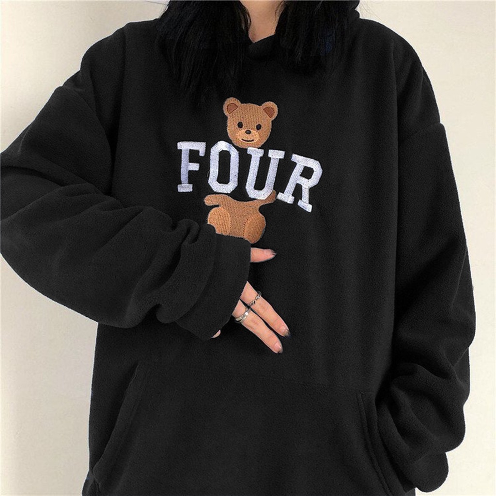 Bear Four Hoodie Oversize Pria Dan Wanita Bahan Fleece Terbaru