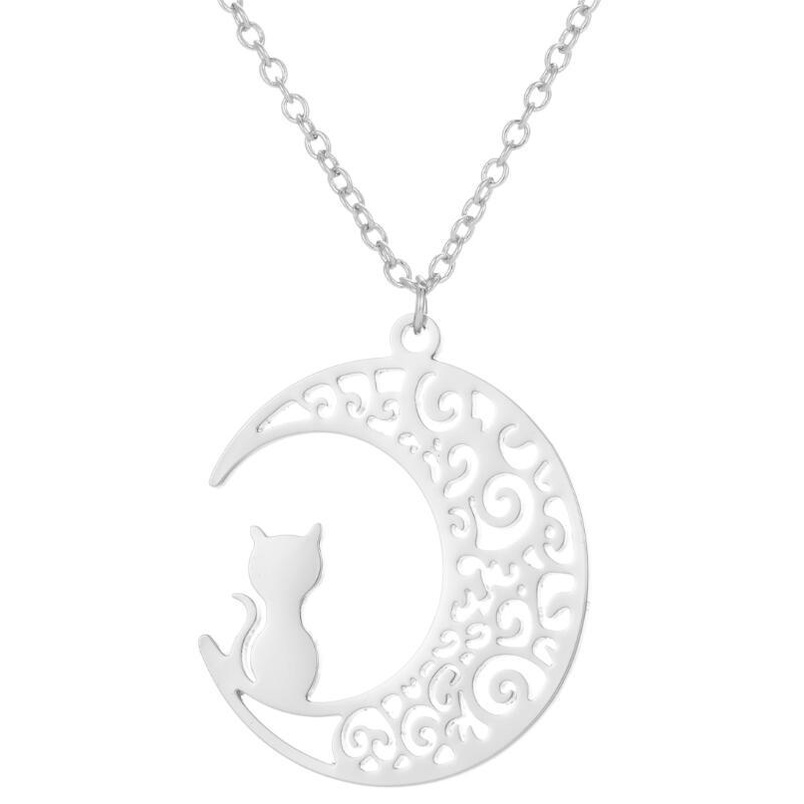 Kalung Rantai Bahan stainless steel Desain Kucing Bulan Sabit origami hollow Gaya Jepang Korea Untuk Wanita