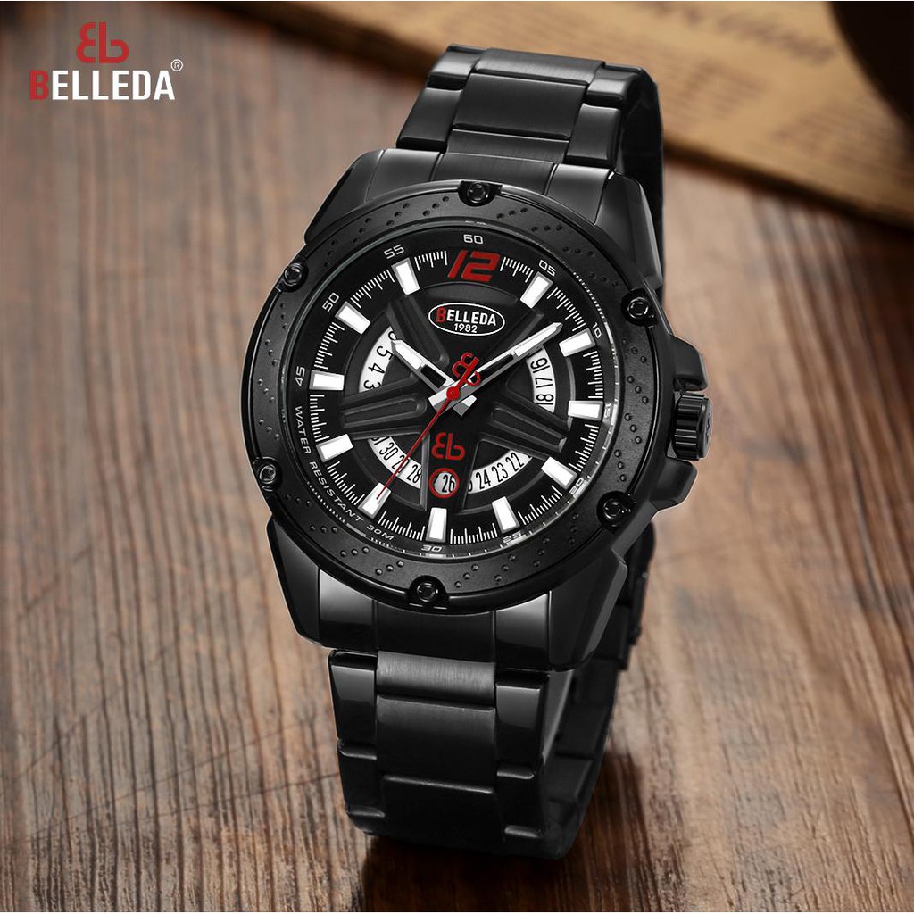 AIO SHOP - BELLEDA 9228 Jam Tangan Analog Pria Aktif Quartz Stainless Steel Tanggal Aktif Anti air