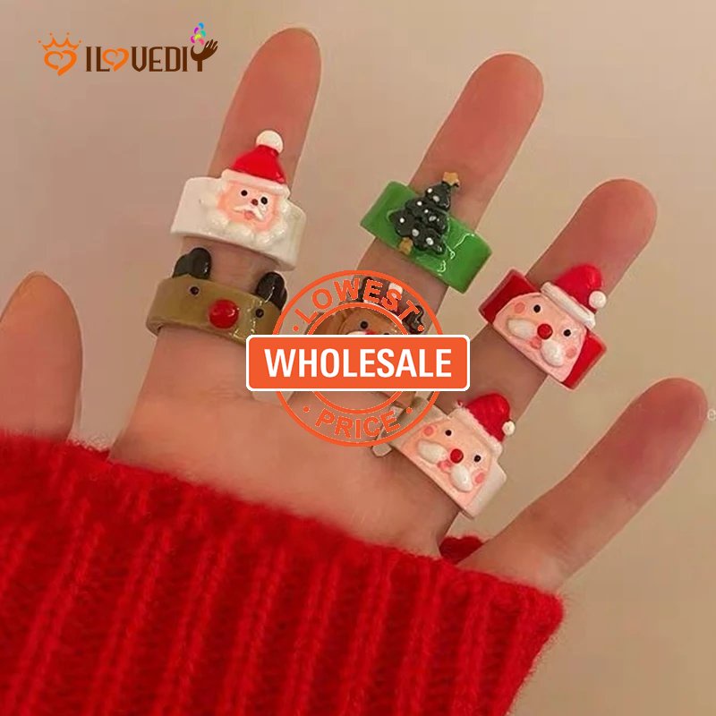 Cincin Jari Desain Kartun Hewan Santa Claus Pohon Natal Rusa Bahan Resin Akrilik Untuk Wanita