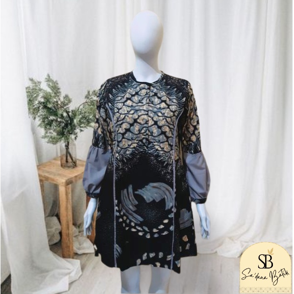 Atasan tunik batik wanita blouse jumbo tunik kanto kerja termurah - 07 BLACK GREY