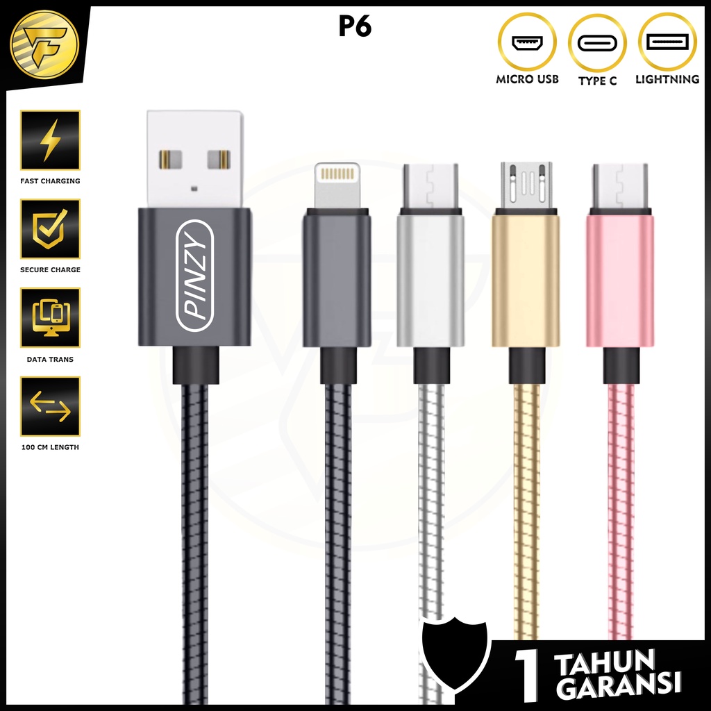 PINZY P6 Kabel Data FAST CHARGING FULL METAL Lightning Type C Micro USB kabel cas charger HP original