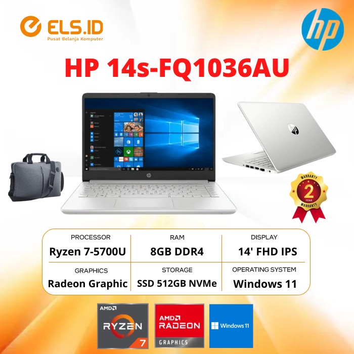 Laptop HP 14s-FQ1036AU Ryzen 7-5700U 8GB SSD 512GB 14' FHD IPS W11+OHS