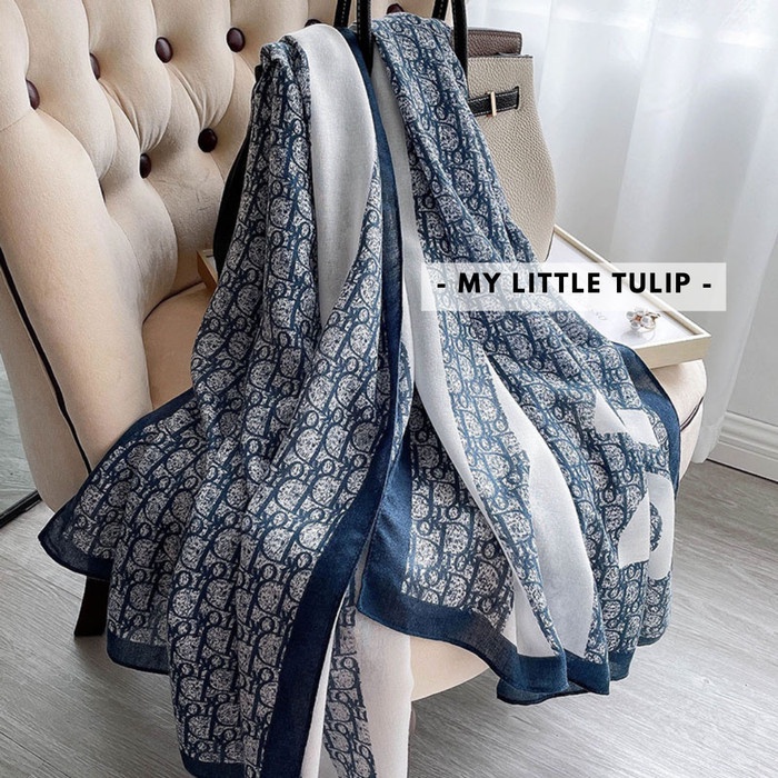Scarf Scarf Sutra Imitasi Motif Dior Biru Coklat Syal Wanita Branded Keren