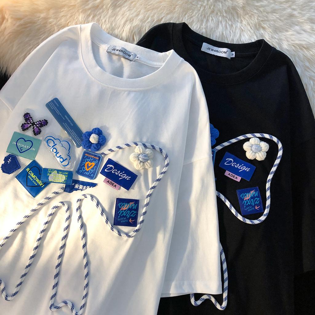 [littlecrab] Kaos Oversize Outline Pita Biru Putih Design Awan Bunga Kupu-Kupu Bordir T-shirt Couple Unisex Lembut Berkualitas Motif Cloud Flower Blue White Unik Korean Style