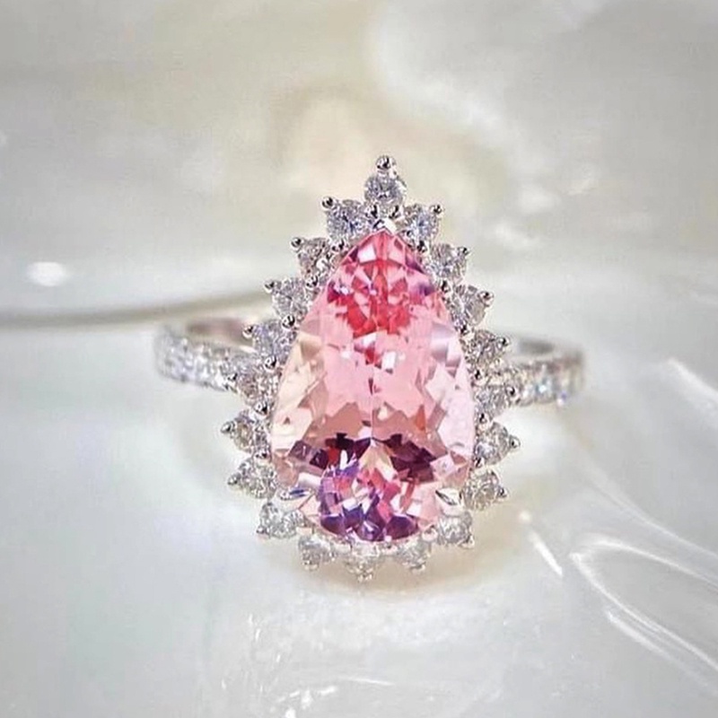 Fancyqube Cincin Bentuk Pir Warna Silver Bahan Cubic Zirconia Pink Untuk Wanita