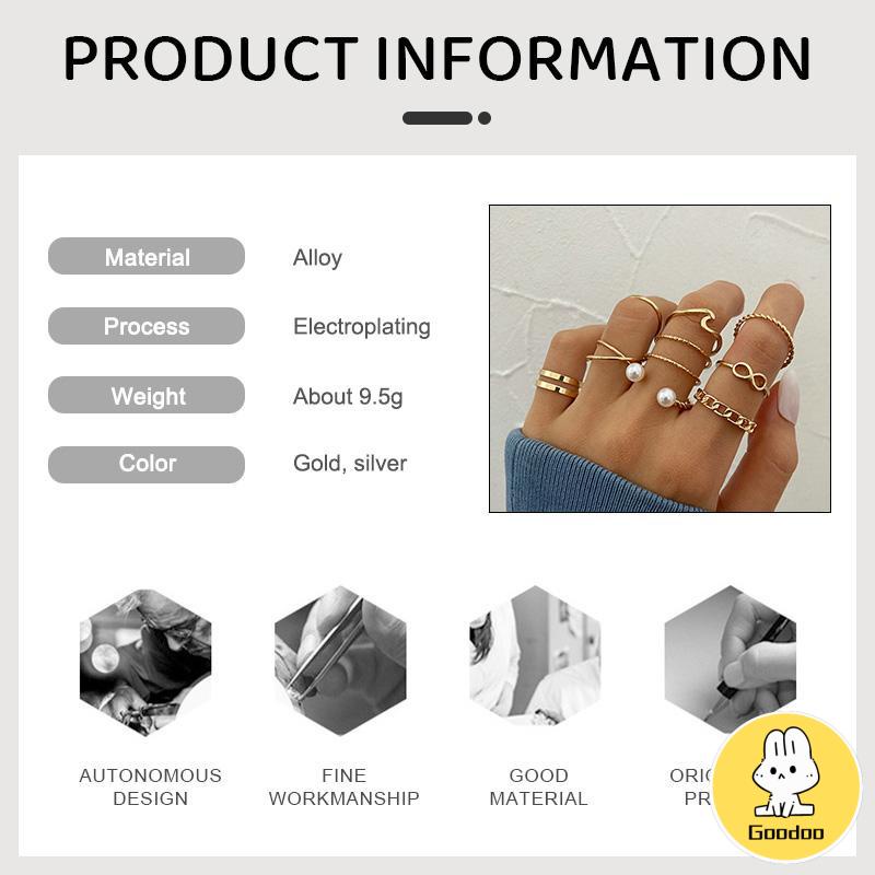 10 Buah Set Wanita Kreatif Sederhana Manik-manik Ganda Cincin Gabungan Geometri Gelombang Mutiara -Doo