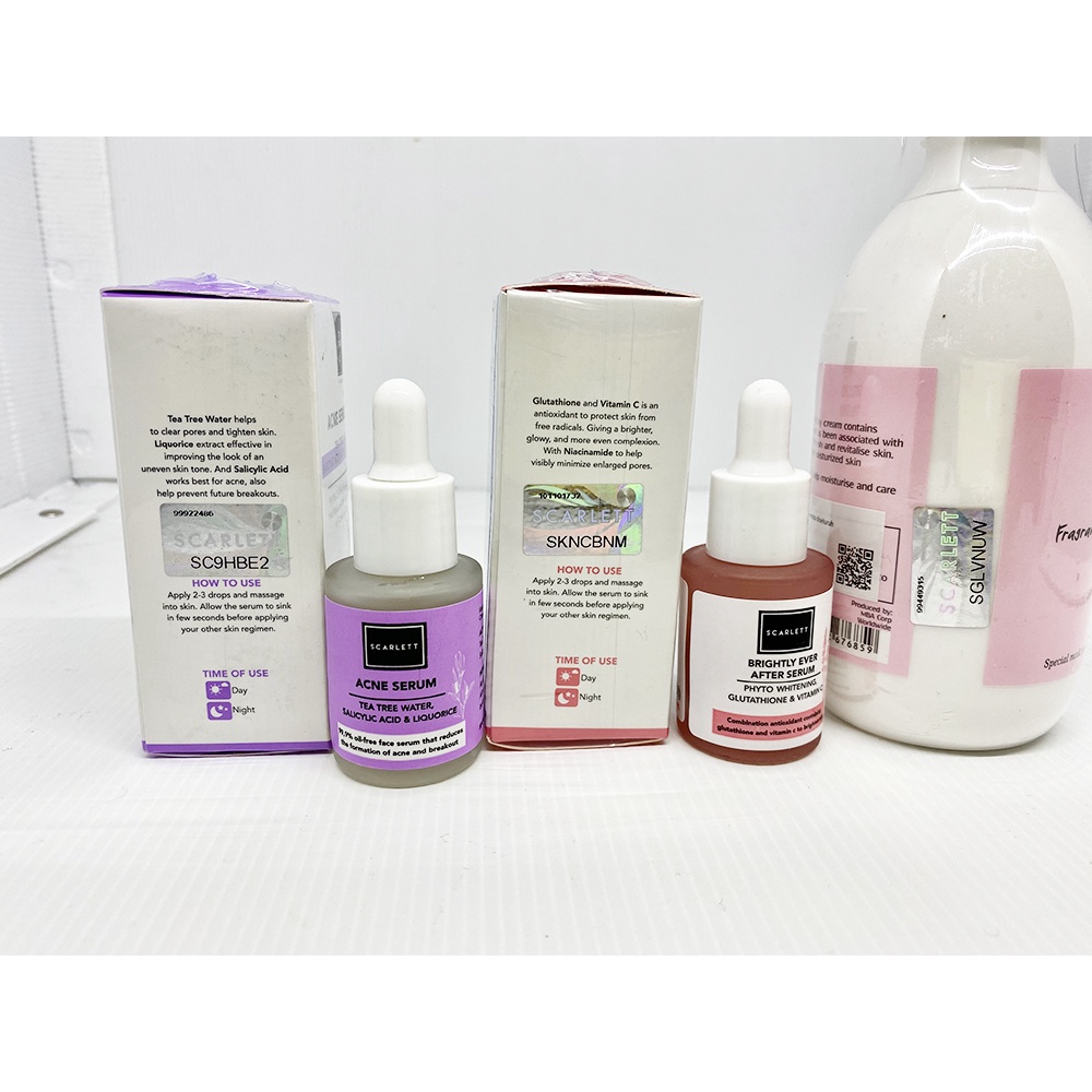 PAKET Scarlett Whitening Body Lotiohn Romansa + Acne Serum + Brightly Ever After Serum Wajah Glowing