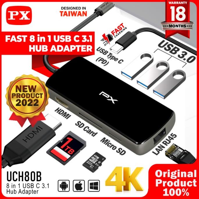 USB Type C Hub Converter to HDMI USB LAN Micro SD 8 in 1 PX UCH80B always ready